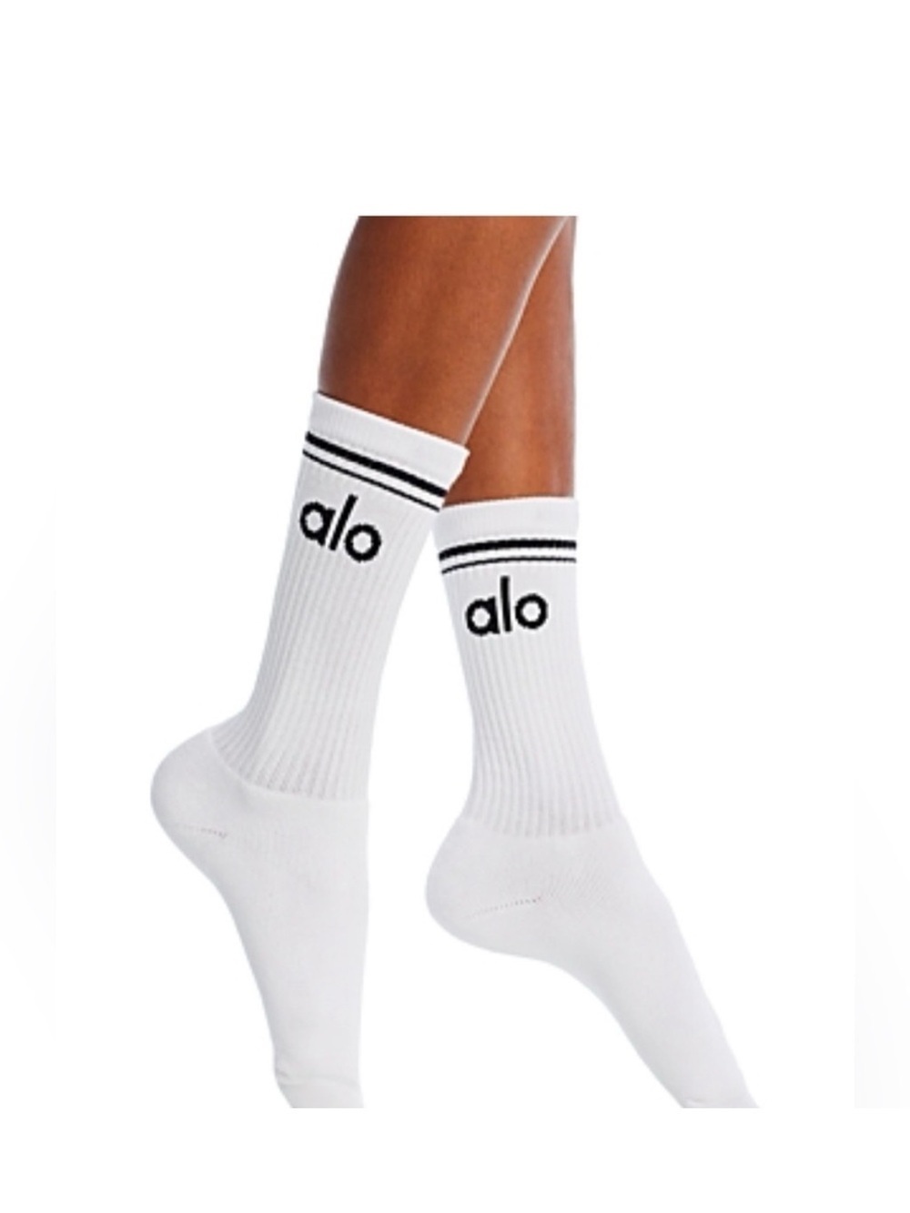 Alo Performance Crew Socks in White with Black Logo Barre Grip Preloved